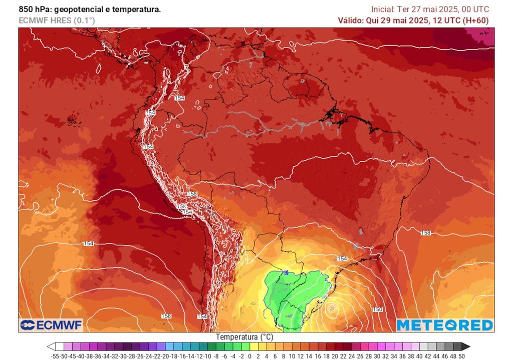 Previsão de temperaturas em 850 hPa na quinta-feira de manhã. Previsão de temperaturas em 850 hPa na quinta-feira de manhã.