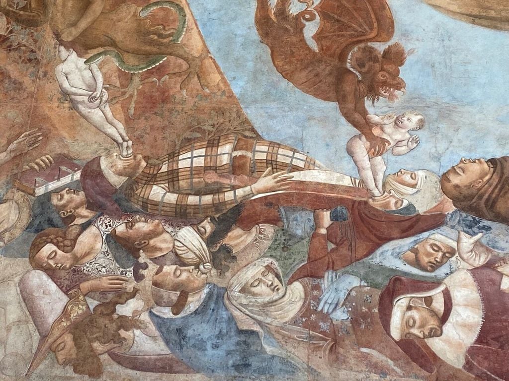 Das Fresko „Trionfo della Morte“ zeigt Opfer einer Epidemie aus unterschiedlichen sozialen Schichten, deren Seelen von Dämonen hinweggerafft werden.