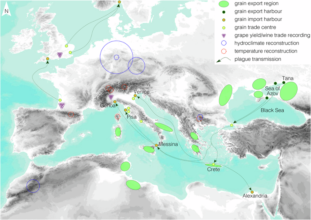 Getreidehandel und Ausbreitung der Pest, mit bekannten Getreideexporteuren (grün), -importeuren (orange) und -handelszentren (gelb).
