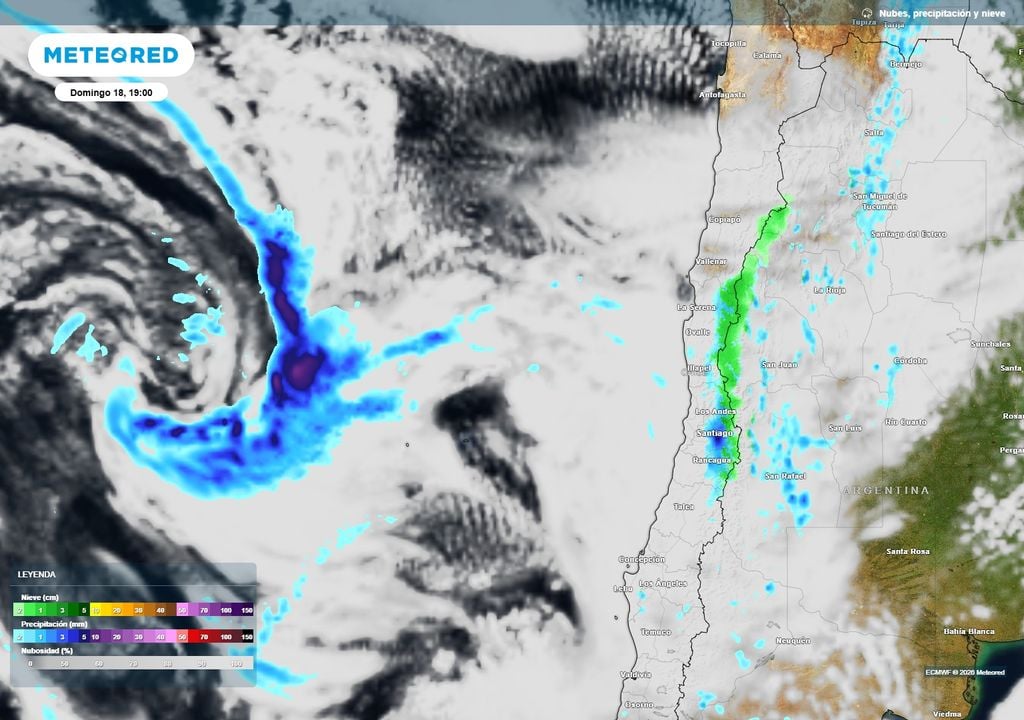 mapa del tiempo Las precipitaciones volverán a ganar fuerza sobre el centro y parte del norte de Chile durante el domingo 18. Se esperan nevadas en la zona cordillerana.