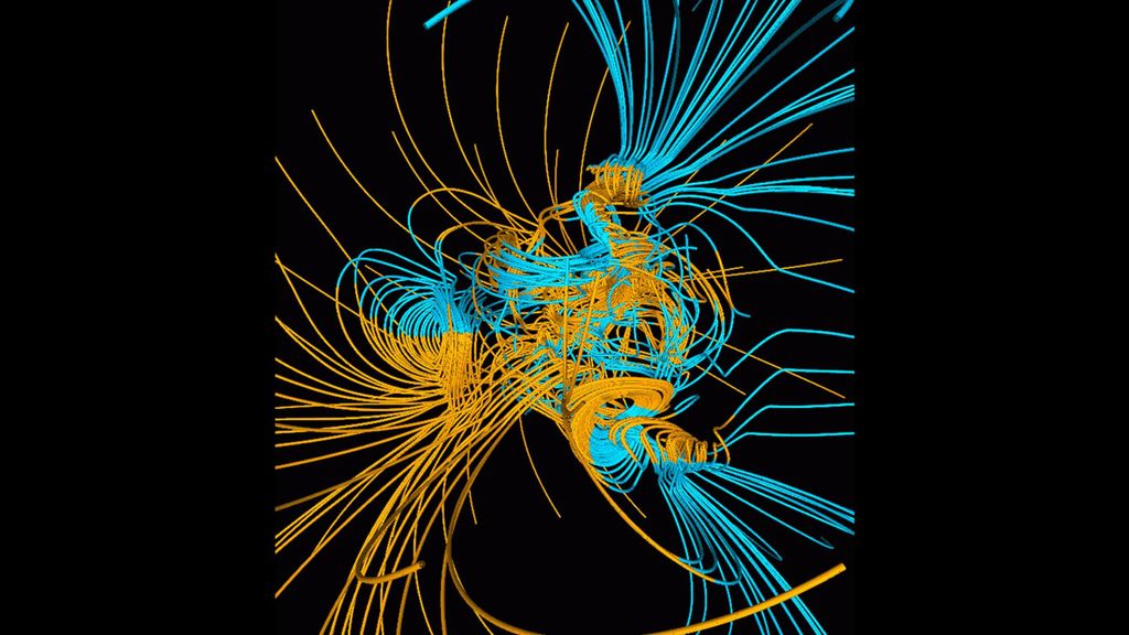 Simulación del complejo campo magnético terrestre durante la convulsión provocada por una inversión de polaridad. Creado por la NASA / Gary A. Glatzmaier.