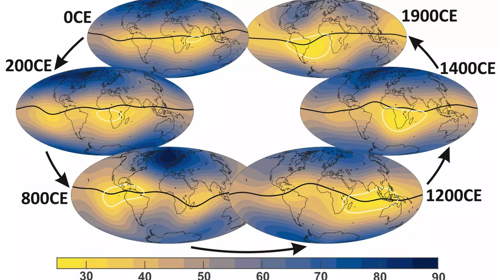 Evolución de la intensidad del campo magnético terrestre en la superficie del planeta. La línea blanca muestra la evolución de las zonas de baja intensidad registradas en distintos momentos de los últimos dos milenios./IGEO-CSIC-UCM.