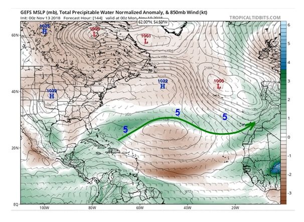 Foto 5: Lenguas de alta humedad y agua precipitable para día y fechas concretas. Lenguas de alta humedad y agua precipitable para día y fechas concretas. Ver texto de figuras
