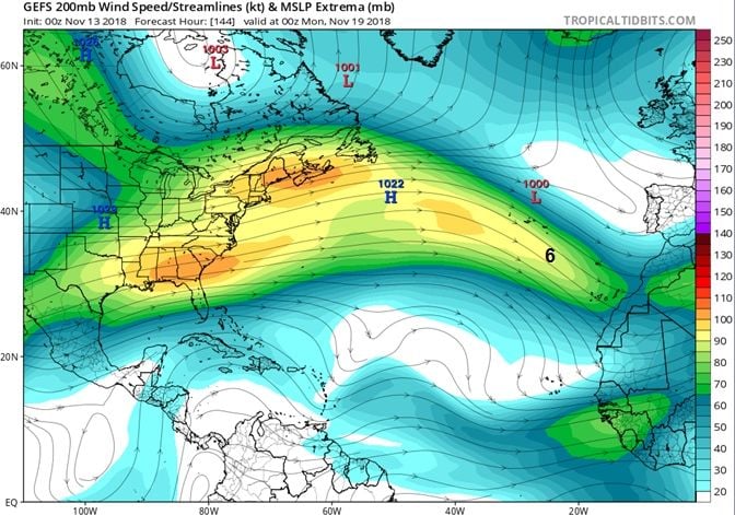 Foto 7: Mapa de viento y líneas de corriente en 200 hPa con los "actores" resultados: chorro/jet . Mapa de viento y líneas de corriente en 200 hPa con los "actores" resultados: chorro/jet . Ver texto para numeración