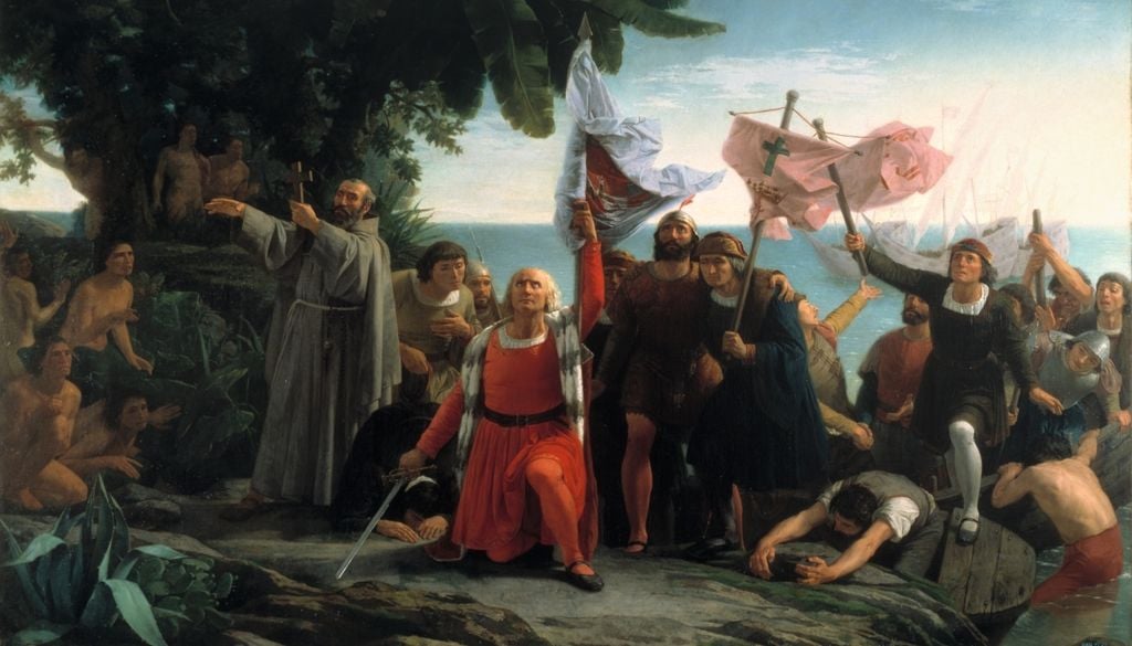 Desembarco de Colón de Dióscoro Puebla Primer desembarco de Cristóbal Colón en América (1862), óleo sobre lienzo de Dióscoro Teófilo Puebla y Tolín.