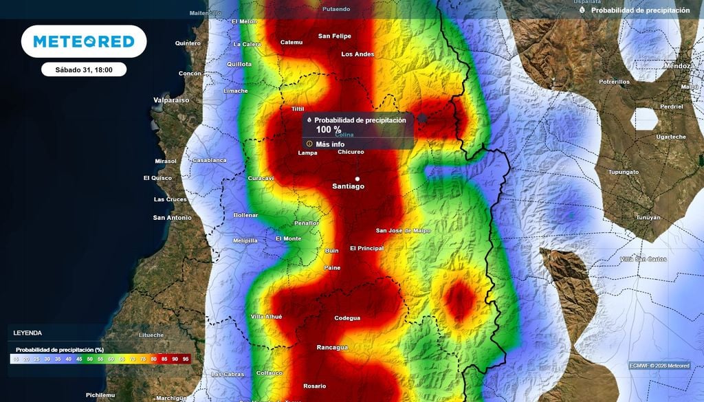 La probabilidad de lluvias en Santiago alcanza incluso el 100 % en algunas zonas de la región durante el próximo fin de semana.