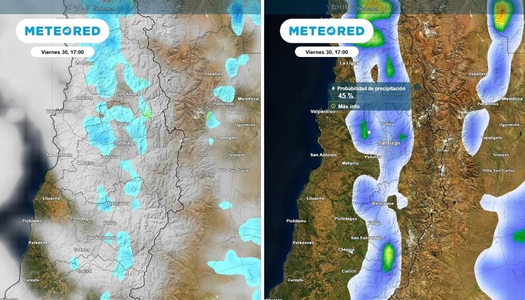 Baja probabilidad de ocurrencia de lluvias: chubascos serían débiles y aislados este viernes 30. Se espera una máxima de hasta 25 °C en Santiago.