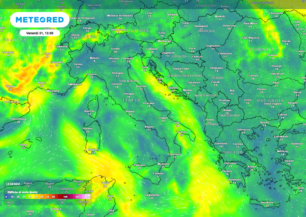 Raffiche di vento previste alle ore 13 di oggi (ECMWF) Raffiche di vento previste alle ore 13 di oggi (ECMWF)