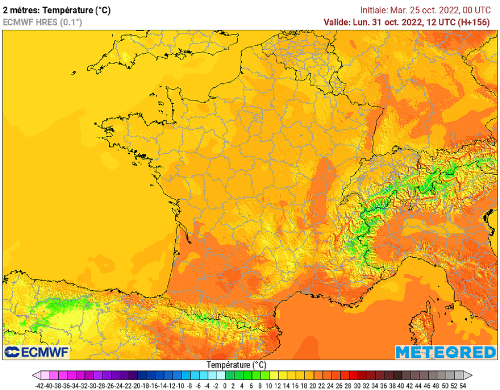 Malgré une légère baisse par rapport aux jours précédents, la douceur dominera lundi 31 avec souvent 20°C ou plus (modèle ECMWF).