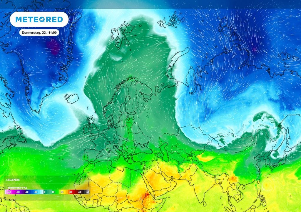Temperatur, 850 hPa, Donnerstag Bild 1: Die Temperaturen in einer Höhe von 1.5km spiegeln die Omega-Struktur des Jet-Stream wieder. Über Deutschland bildet sich ein Hoch, flankiert von Tiefdruckgebieten westlich und östlich.