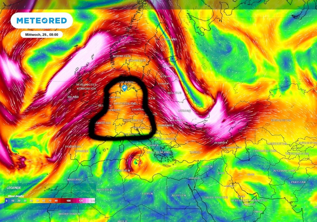 Jet-Stream, Hochdruckrücken, Wind Windgeschwindigkeiten in einer Höhe von ca. 9 km (300 hPa) zeigen die Jet-Stream Lage. Deutschland sitzt im Hochdruckrücken des Jets (schwarze Umrandung).