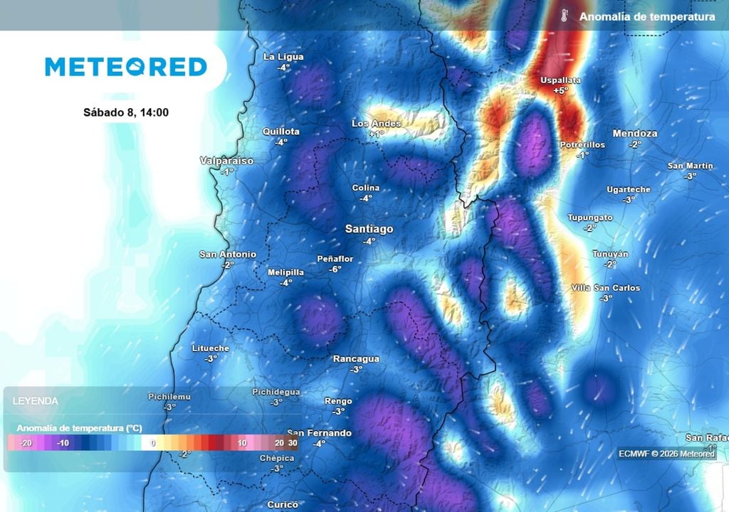 Anomalías de temperaturas Bajón muy significativo de las temperaturas: este sábado las máximas podrían descender hasta 6 °C respecto al promedio climatológico en la RM.