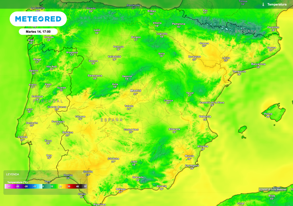 Temperatura máxima prevista por el modelo europeo para mañana martes.