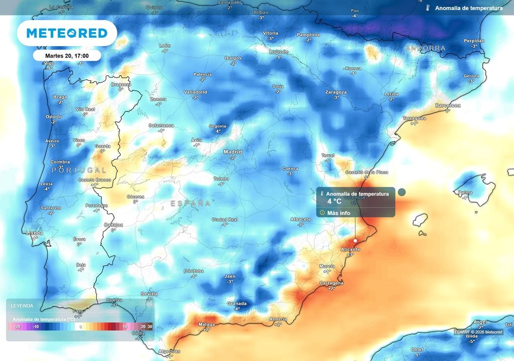 Las anomalías positivas de la costa mediterránea contrastarán con las negativas del resto de la España peninsular y archipiélago balear.