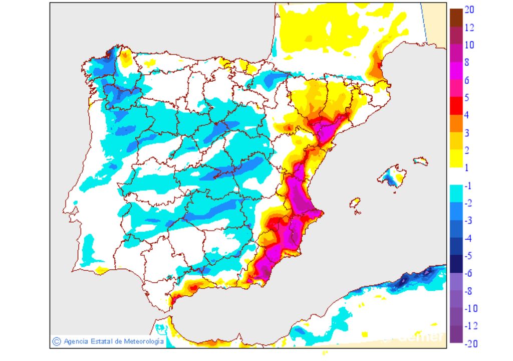Variación de las temperaturas máximas en España Variación prevista de las temperaturas máximas para mañana jueves respecto a las de hoy miércoles en la Península y Baleares. Hasta 10 ºC se esperan en algunos puntos del litoral mediterráneo. Fuente: AEMET.