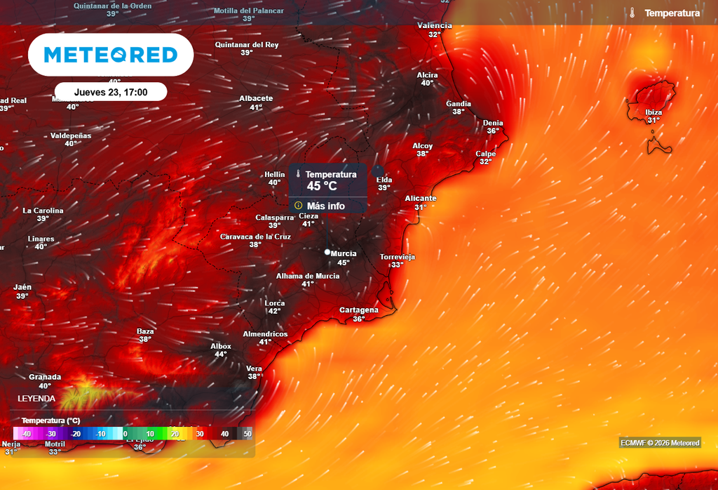 Las temperaturas podrían acercarse a los 45 ºC mañana en Valencia, Alicante, Región de Murcia y levante almeriense.