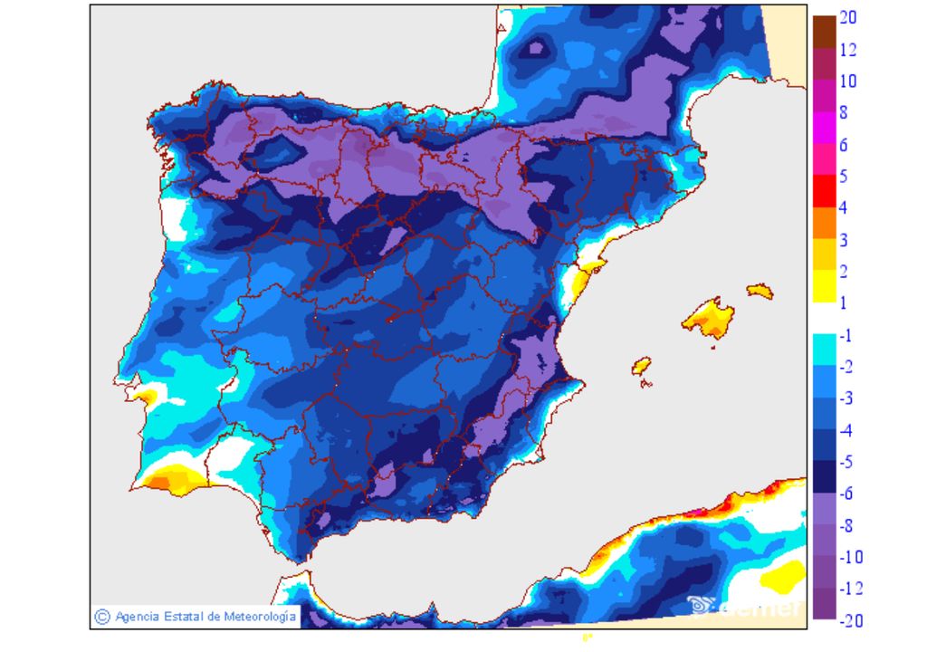 Variación de las temperaturas en España Variación de las temperaturas máximas prevista para el jueves respecto al miércoles. El descenso térmico será generalizado en la Península y especialmente acusado en las regiones del norte, el interior y el sureste. Fuente: AEMET.