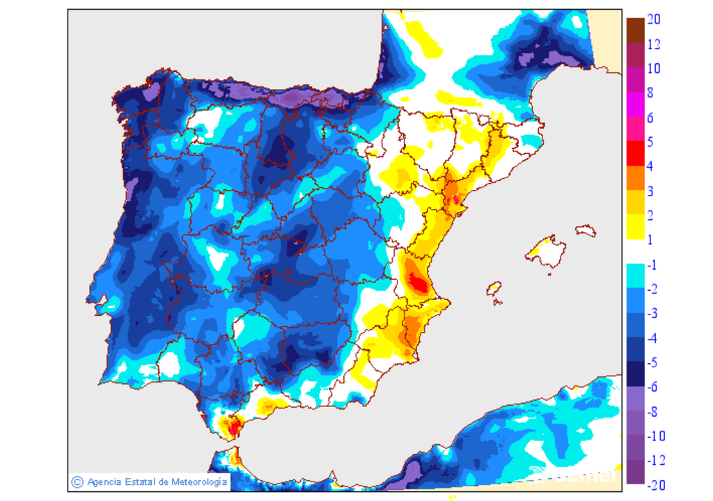 La variación de las temperaturas máximas prevista para la jornada de mañana miércoles. Fuente: AEMET.