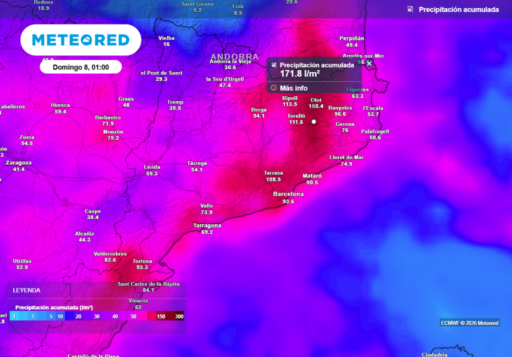 Precipitación acumulada prevista por el modelo europeo en lo que resta de semana. Las mayores cantidades se registrarán entre el jueves y viernes.