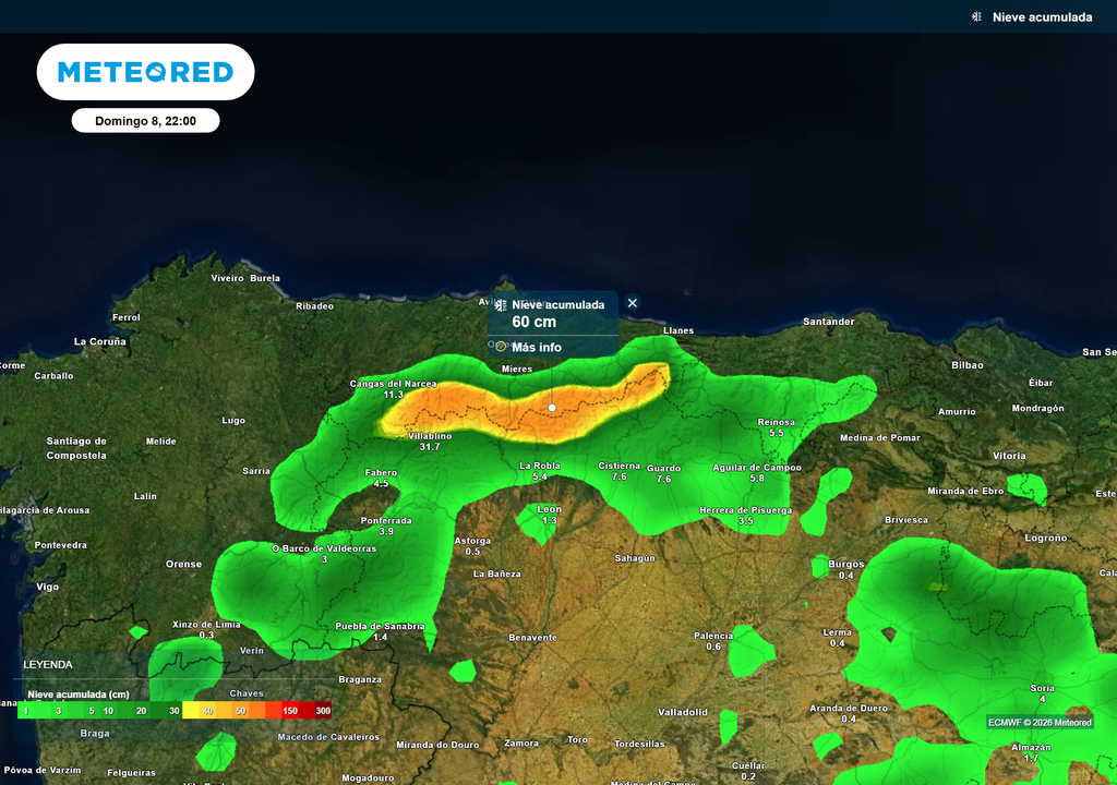 Mapa de nieve acumulada hasta el domingo en el cuadrante noroccidental peninsular, según el modelo europeo.