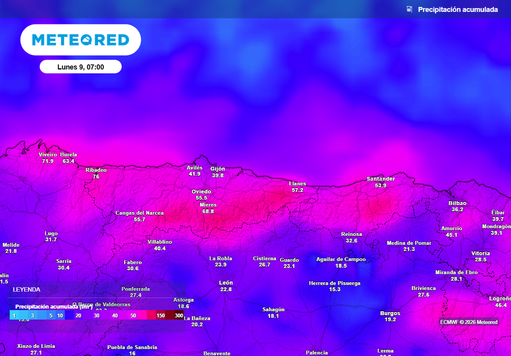 En zonas de montaña se prevén acumulados de más de 80 l/m2 en lo que queda de semana, con nieve en las zonas altas de la Cordillera Cantábrica.