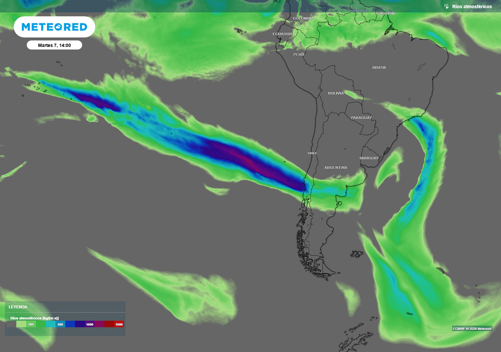 río atmosférico previsto Las precipitaciones llegarán con río atmosférico extremo en el sur de Chile. Dejarán lluvias con potencial de generar riesgo de crecidas de ríos y deslizamientos de terreno.