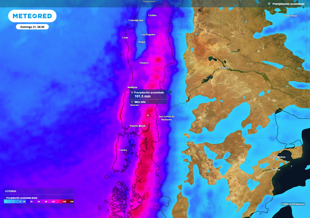 mapa de lluvia acumulada. Precipitación acumulada hacia el domingo muestra montos cercanos a 100 mm entre Los Ríos y Los Lagos, con los mayores registros en sectores precordilleranos y cordilleranos.