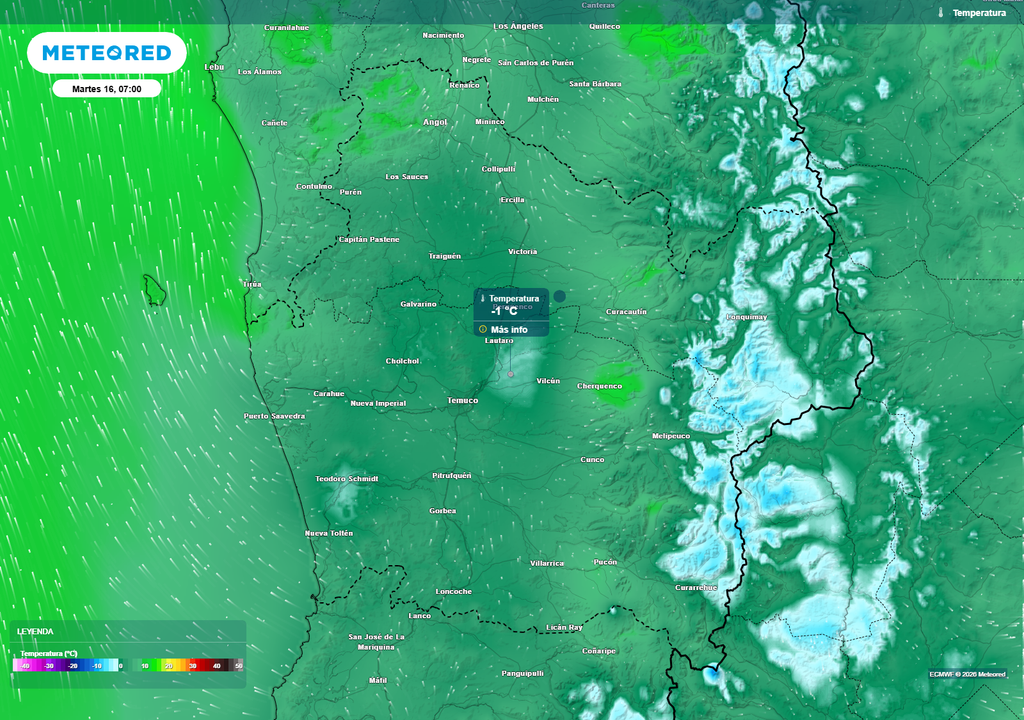 Temperaturas cercanas a 0 °C e incluso bajo cero marcarán el amanecer del martes en La Araucanía, con heladas en sectores interiores y cordilleranos.
