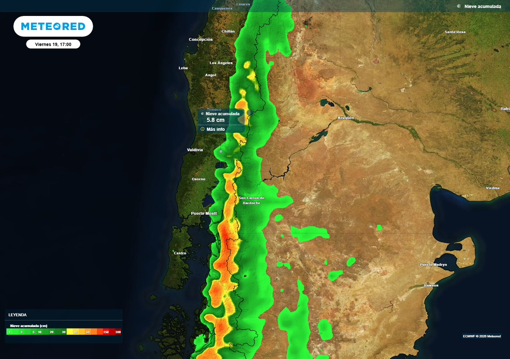 nieve acumulada. Las nevadas en la zona sur se activarían desde el viernes en sectores cordilleranos, asociadas al ingreso de un sistema frontal que dejará acumulación de nieve entre La Araucanía, Los Ríos y Los Lagos.
