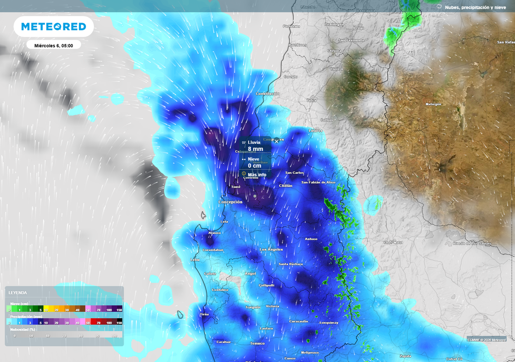 Se esperan tasas de precipitación relevantes, con intensidades de entre 5 y 10 mm por hora en los momentos más activos, por lo que se esperan chubascos intensos de corta duración.