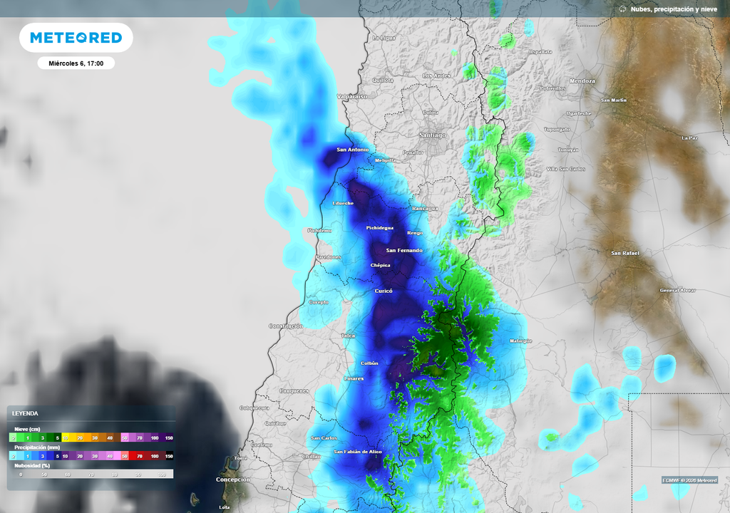 Las precipitaciones avanzan hacia el norte durante el miércoles, llegando al Maule y O’Higgins con distinta intensidad, mientras aumenta la probabilidad de que alcancen las regiones de Valparaíso y Metropolitana.