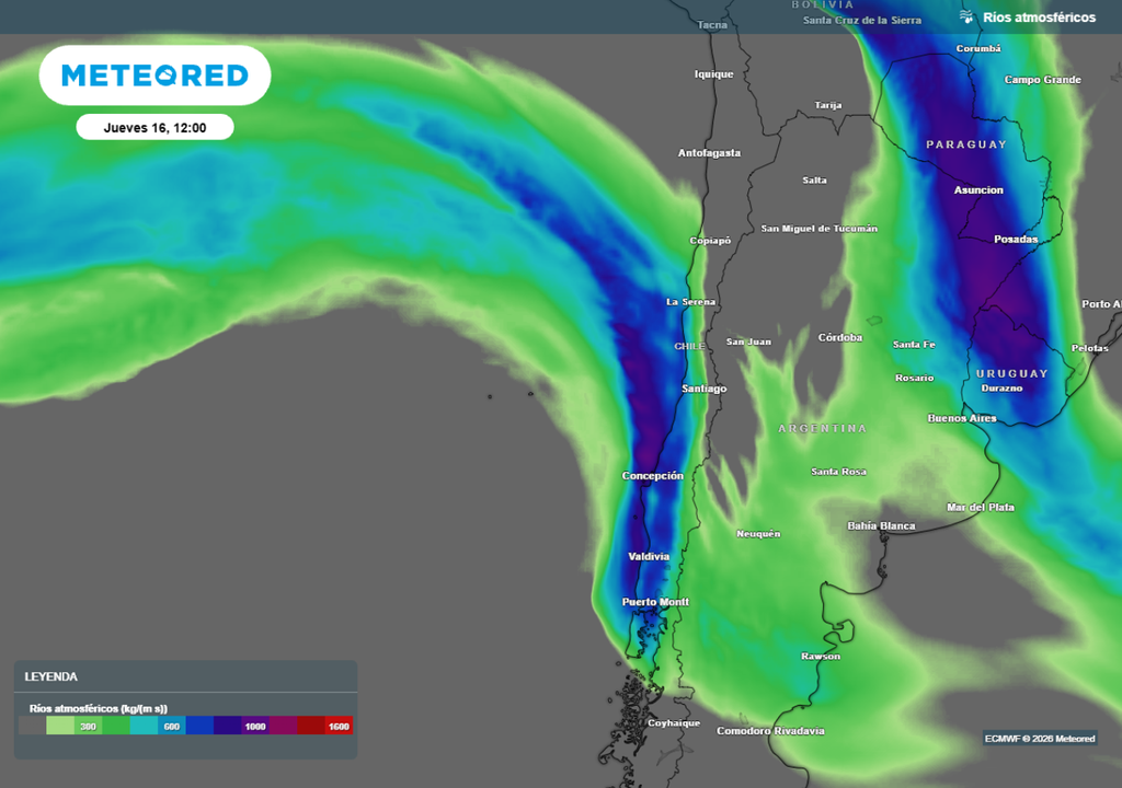 mapa de río atmosférico El río atmosférico de categoría extrema intensificará las precipitaciones al transportar una gran cantidad de vapor de agua, que se verá forzado a ascender al encontrarse con la cordillera.