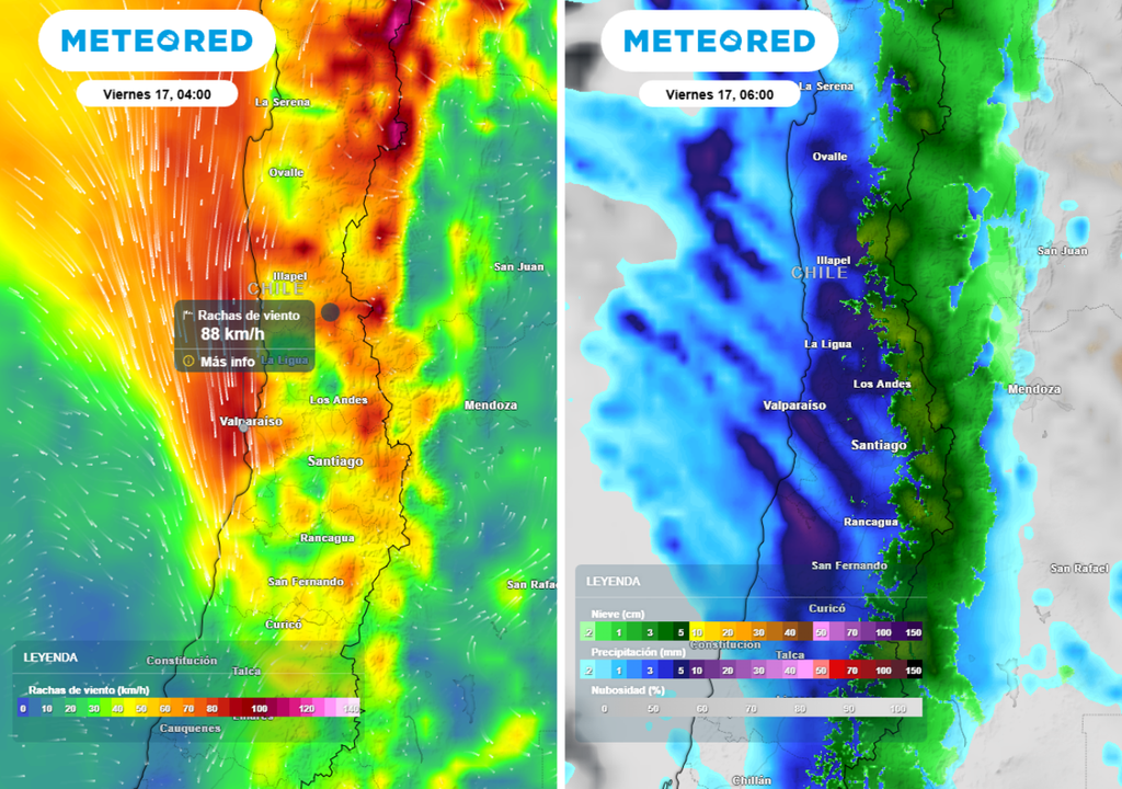 mapas de rachas de viento y precipitaciones Este viernes se espera la jornada de mayor impacto, tanto por los elevados montos de precipitación como por los fuertes vientos que afectarán a, al menos, tres regiones.