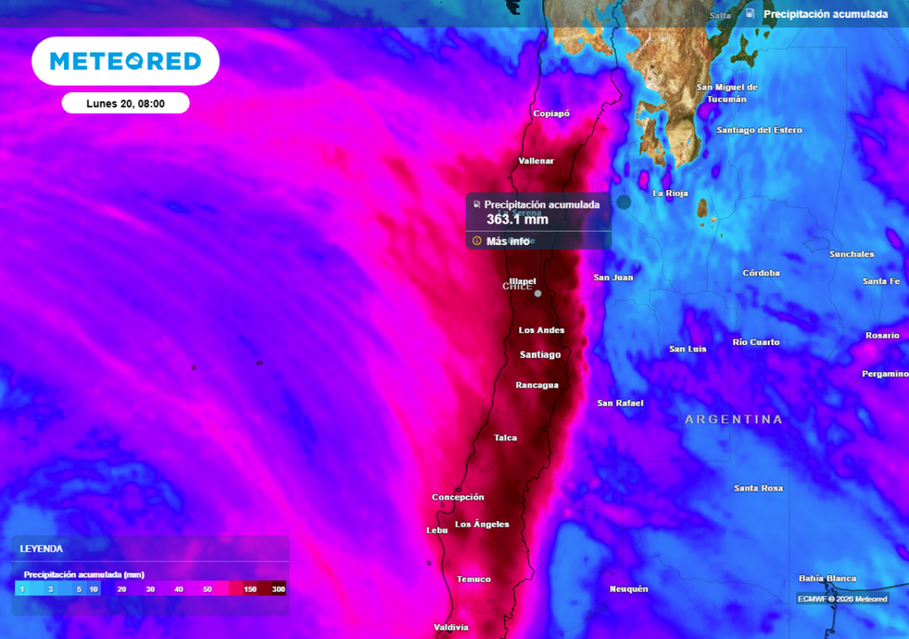 mapa de precipitación acumulada Los acumulados totales podrían superar los 200 mm entre Valparaíso y O’Higgins, mientras que en Coquimbo se proyectan cifras aún más alarmantes, con montos que podrían acercarse a 400 mm.