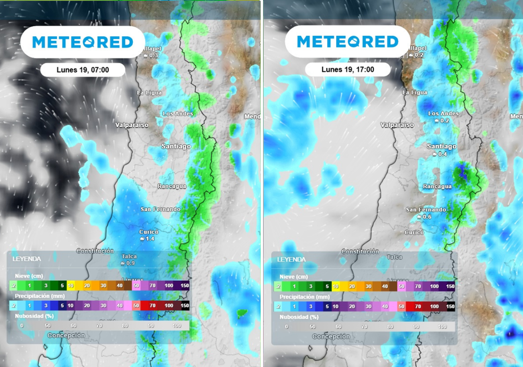 evolución de precipitación Entre la mañana y tarde del lunes podrían caer chubascos en la zona central, con distribución bastante irregular.