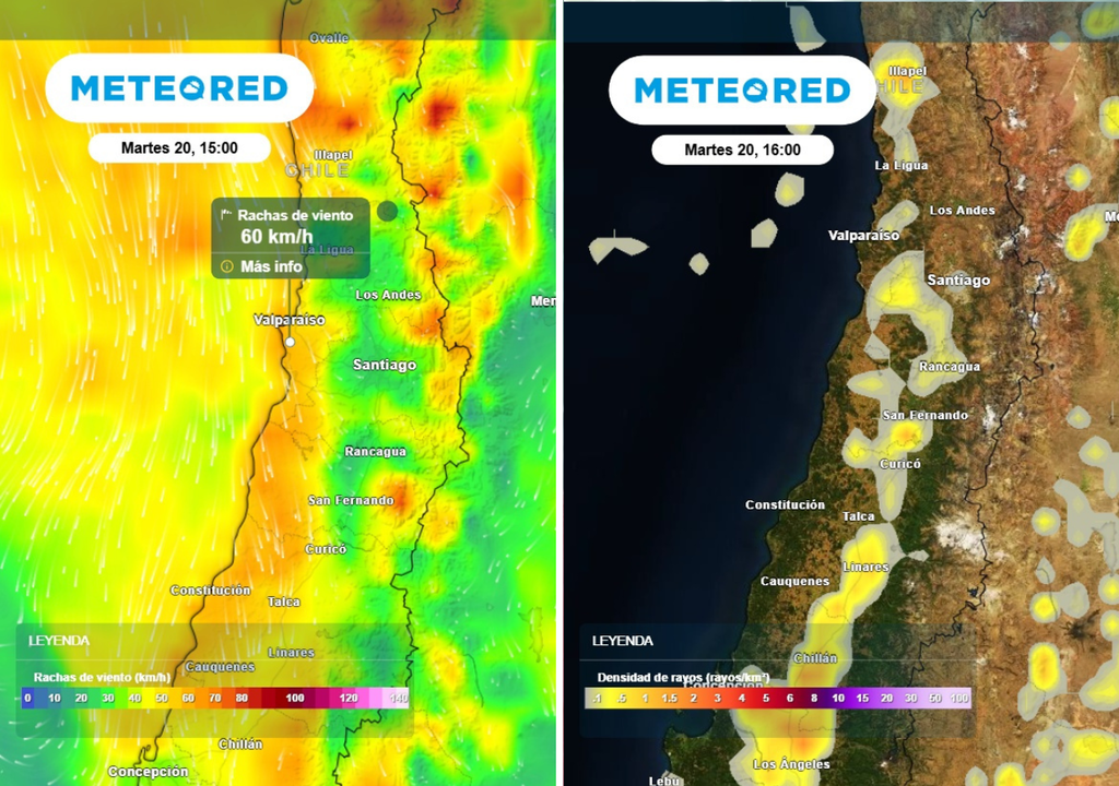 rachas de viento y densidad de rayos El martes será una jornada muy inestable: las fuertes rachas de viento en la costa y la cordillera se harán sentir en la tarde, además de las posibles tormentas eléctricas y caídas de granizos localizadas.
