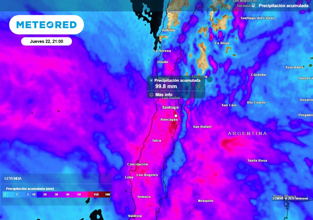 precipitación acumulada Hasta el jueves podrían acumularse hasta 100 mm en sectores precordilleranos de la zona central.