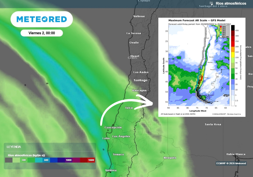 río atmosférico Este viernes avanzará un río atmosférico categoría 1 a 2 por la zona central, dejando un aporte de humedad, aunque no tan alto.