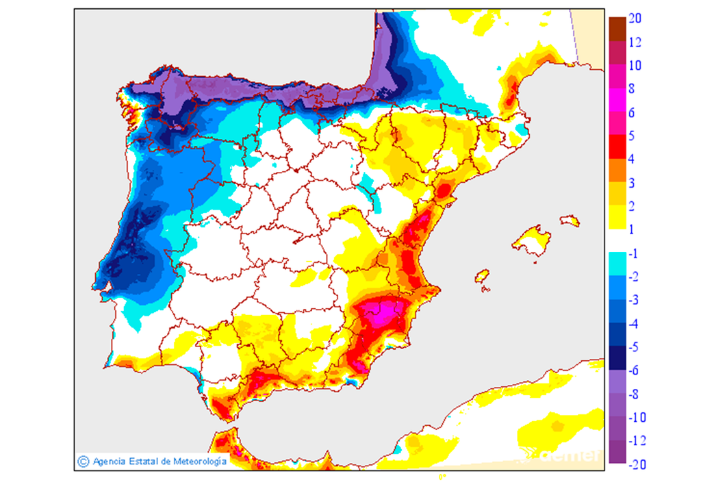 El descenso de las máximas de mañana en el extremo norte respecto a los valores registrados hoy será notable o extraordinario. Fuente: AEMET.