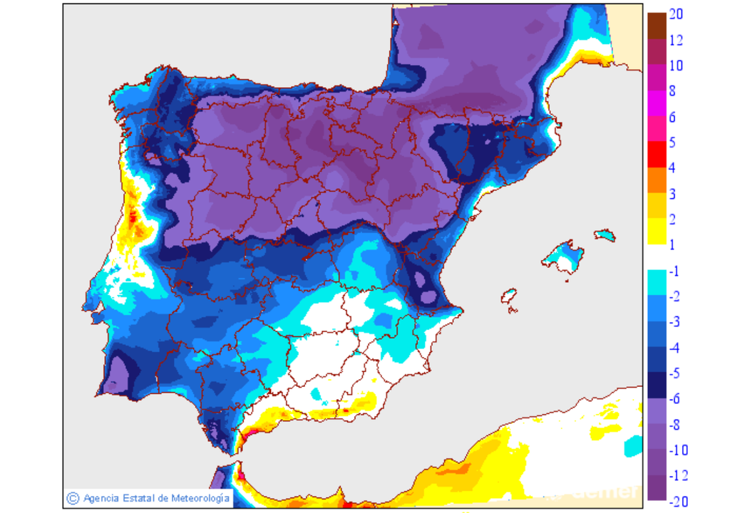 Las temperaturas descenderán de forma generalizada con mayor caída en la mitad norte peninsular. Fuente: AEMET