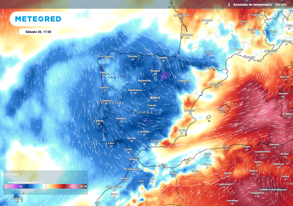 Anomalía de temperatura en la península Ibérica Anomalía de temperatura prevista a unos 1.500 metros de altitud para la tarde del sábado. La entrada de aire más frío dejará valores entre 3 y 6 ºC inferiores a lo habitual en gran parte de la Península.
