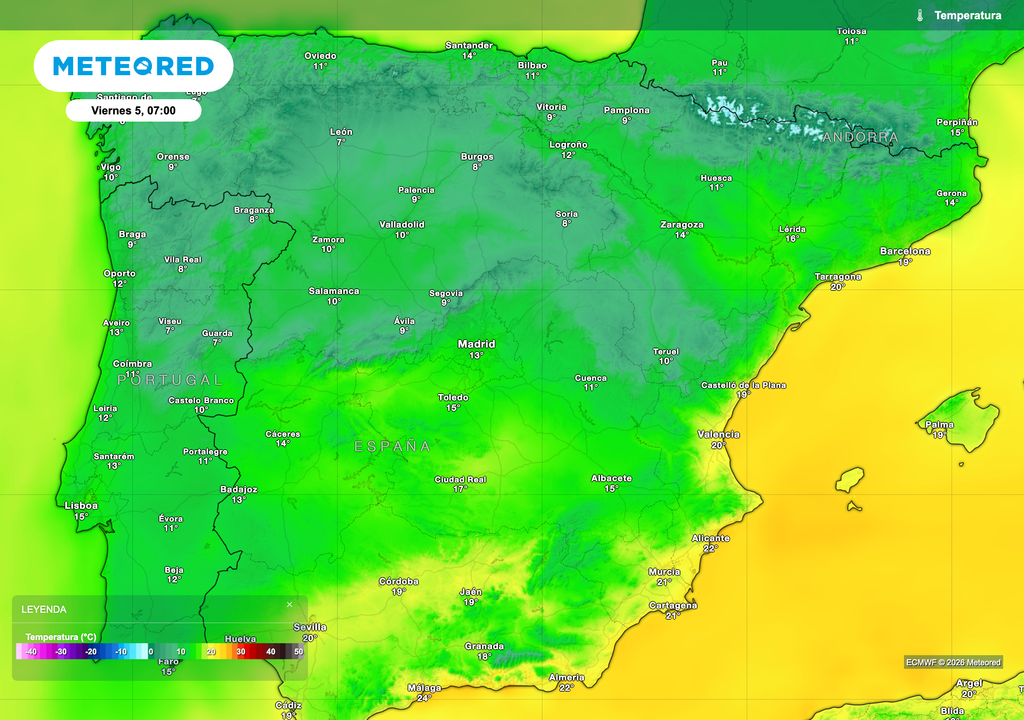 Las temperaturas mínimas del viernes serán muy bajas, con valores por debajo de los 10 ºC en muchas capitales de provincia. Fuente: modelo europeo.