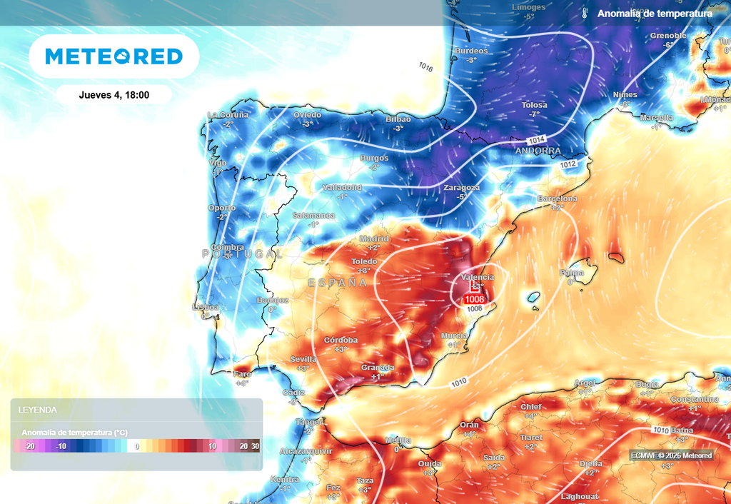 Las temperaturas máximas de mañana jueves se situarán hasta 9 ºC por debajo de la media en zonas del norte. La masa de aire frío quedará contenida por el Sistema Central y la Ibérica..