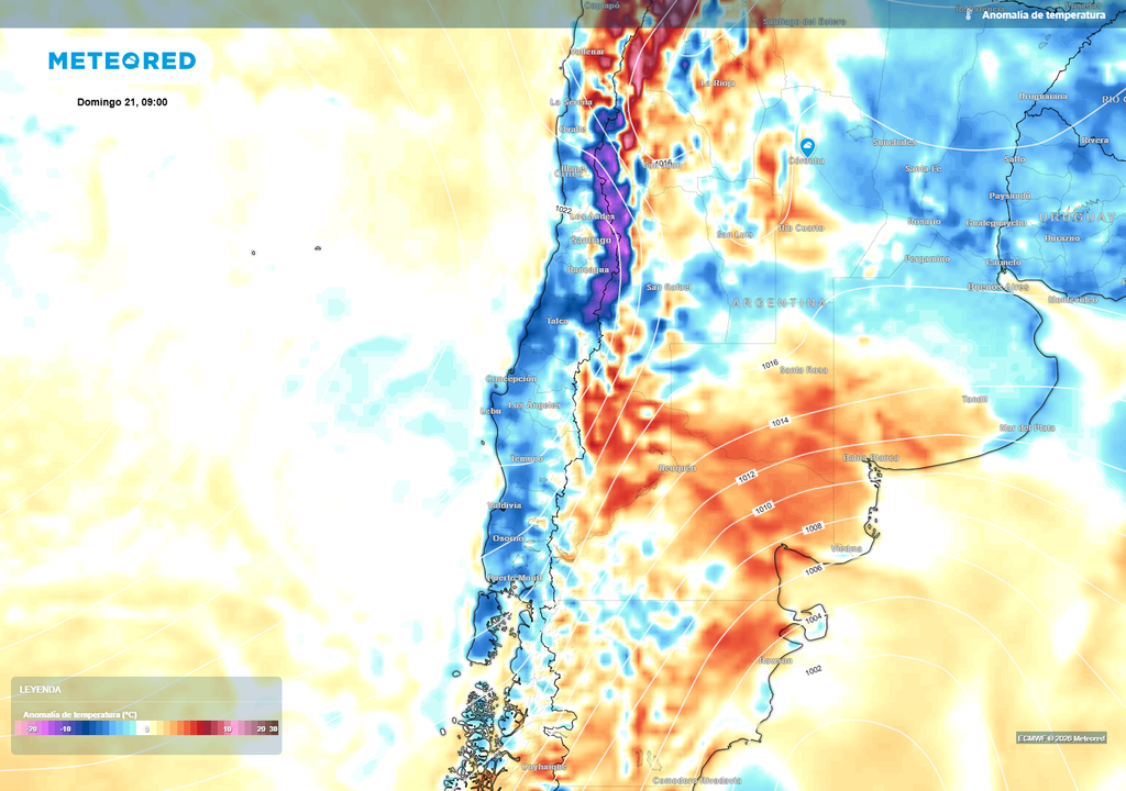 anomalía de temperaturas Temperaturas anómalamente bajas se extenderán desde la Región de Coquimbo y hasta Los Lagos, por avance de una extensa masa de aire frío.