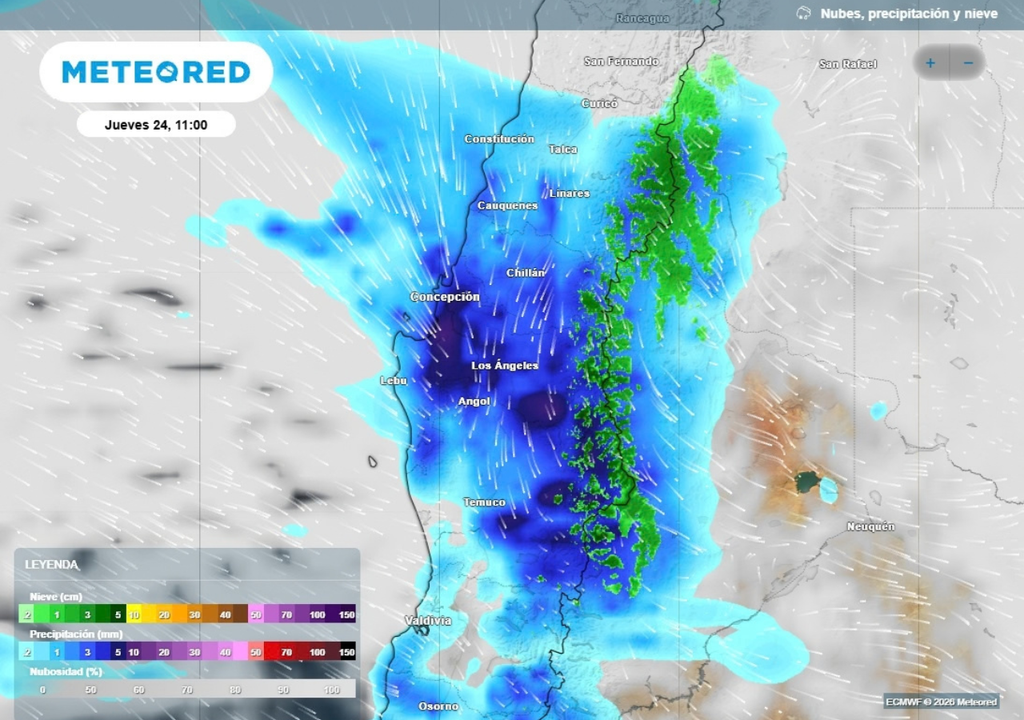Este jueves se esperan los mayores pulsos de precipitación entre Maule y Biobío.