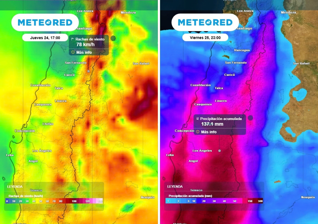 Durante este evento, se podrían registrar rachas sobre los 70 km/h en la cordillera central y acumulados de hasta 140 mm en la precordillera de Biobío.