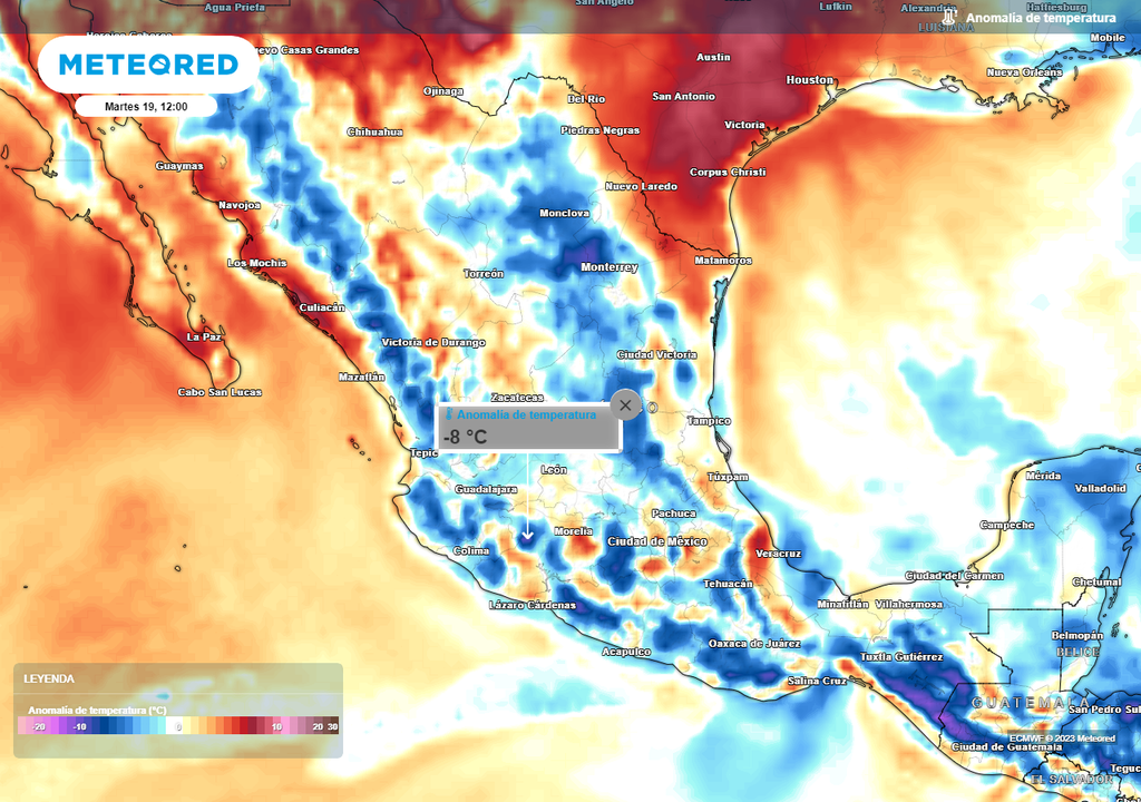 Anomalías negativas en azul indican más frío