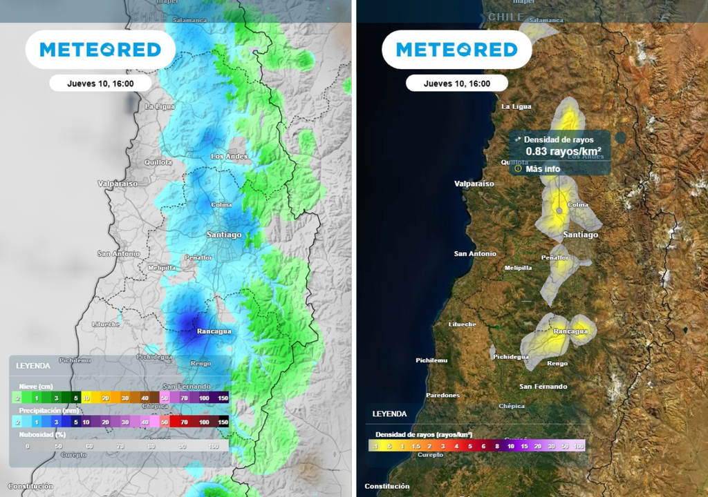 mapas de precipitación y densidad de rayos Este jueves se prevé un tiempo más inestable: en la capital, además de chubascos, podrían caer rayos en horas de la tarde.