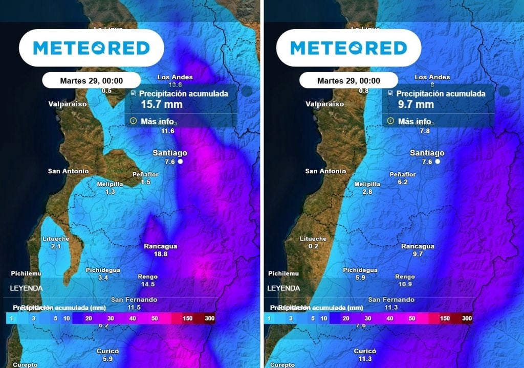 Precipitación acumulada Modelos coinciden en la lluvias, aunque prevén acumulados distintos: ECMWF (imagen izquierda) indica los mayores montos en Santiago.