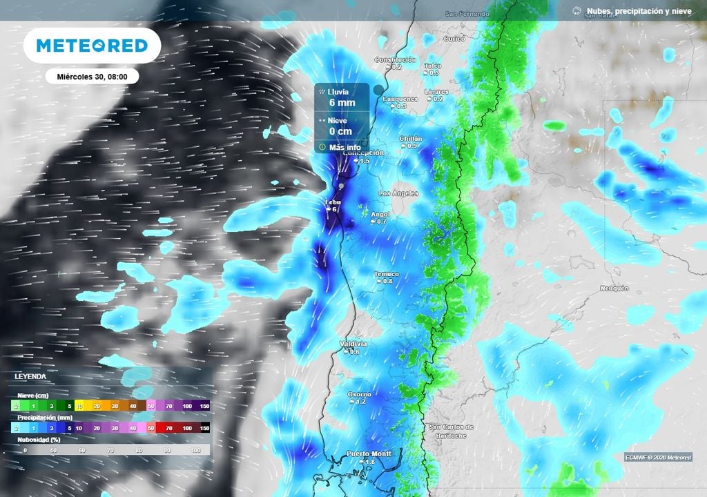 Río atmosférico se aproxima a Chile centro-sur, pronóstico de Meteored Precipitación (mm) para la mañana del miércoles (30) en Chile centro-sur.